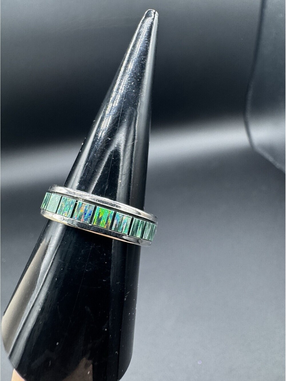 Stainless Steel Green Holographic Inlay Band Ring Unisex Rainbow Reflective SZ 9